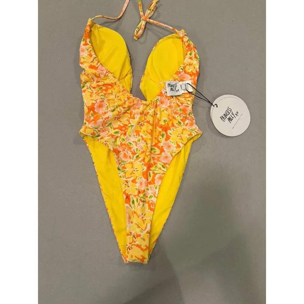 Princess Polly Fern Floral Cutout One Piece Swimsuit Yellow Multi US 6 NWT
